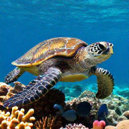 Caribbean Holidays, September Scuba Diving, Close-up underwater photograph of a green sea turtle swimming above coral and tropical fish near Barbados