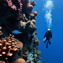 Caribbean Holidays, September Scuba Diving, Divers descending beside a dramatic underwater wall with soft corals and tropical fish near Grand Turk