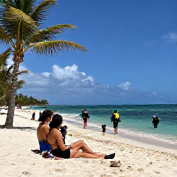 Caribbean Holidays, September Scuba Diving, Divers relaxing on a sandy Barbados beach after a morning scuba dive, with palm trees and calm Caribbean sea
