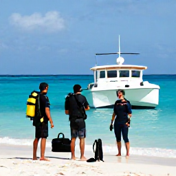 Caribbean Holidays, September Scuba Diving, Friendly Barbados scuba instructors preparing equipment beside a dive boat at a tropical beach