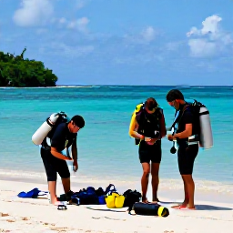 Caribbean Holidays, September Scuba Diving, Friendly scuba divers preparing equipment beside a tropical beach in Saint Kitts and Nevis