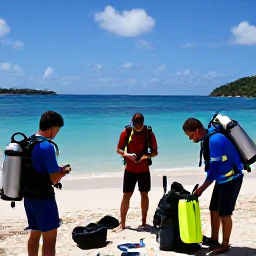 Caribbean Holidays, September Scuba Diving, Friendly scuba diving group preparing equipment on a sunny Caribbean beach in the United States Virgin Islands