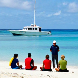 Caribbean Holidays, September Scuba Diving, Friendly scuba diving instructor briefing holidaymakers beside a dive boat on an Aruba beach