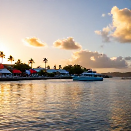 Caribbean Holidays, September Scuba Diving, Relaxed Caribbean harbour at sunset with palm trees, colourful houses and a dive boat near Saint Vincent and the Grenadines