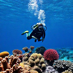 Caribbean Holidays, September Scuba Diving, Scuba diver exploring a colourful coral reef in clear blue Caribbean water off Aruba