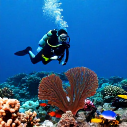 Caribbean Holidays, September Scuba Diving, Scuba diver exploring a shallow coral reef with colourful fish and sea fans off St Thomas