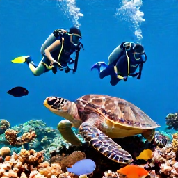 Caribbean Holidays, September Scuba Diving, Scuba divers observing turtles and tropical fish over a healthy coral reef in Providenciales, Turks and Caicos