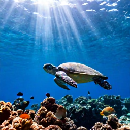 Caribbean Holidays, September Scuba Diving, Sea turtle swimming above a Caribbean reef with colourful tropical fish and sunlight filtering through the water