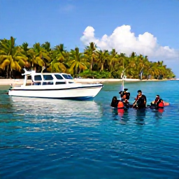Caribbean Holidays, September Scuba Diving, Small dive boat beside a palm-fringed Caribbean island with divers preparing equipment in calm blue water