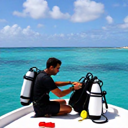 Caribbean Holidays, September Scuba Diving, Small dive boat on calm Caribbean water with a professional instructor preparing scuba equipment near Turks and Caicos islands