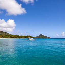Caribbean Holidays, September Scuba Diving, Small dive boat travelling across calm turquoise water towards a tropical island in the US Virgin Islands