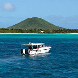 Caribbean Holidays, September Scuba Diving, Small dive boat travelling across calm turquoise water with the green volcanic coast of Saint Kitts in the background