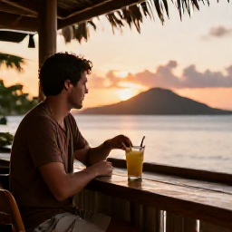 Caribbean Holidays, September Solo Holidays, A friendly Caribbean beach bar at sunset in the United States Virgin Islands, with a solo traveller enjoying a relaxed drink and local music
