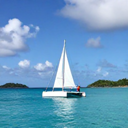 Caribbean Holidays, September Solo Holidays, A solo traveller sailing between the Grenadine islands on a small catamaran, with turquoise water, green islands and a bright Caribbean sky