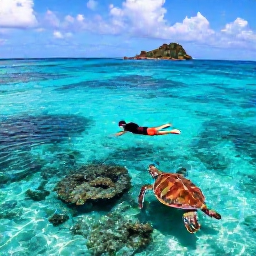 Caribbean Holidays, September Solo Holidays, A solo traveller snorkelling above a colourful reef near the Tobago Cays, with sea turtles, clear turquoise water and coral islands in the background