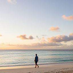 Caribbean Holidays, September Solo Holidays, A solo traveller walking along Palm Beach in Aruba at sunrise, calm turquoise sea and soft golden light