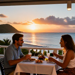 Caribbean Holidays, September Solo Holidays, Friendly open-air Caribbean restaurant in Tortola at sunset, solo diner enjoying fresh seafood and island atmosphere