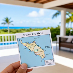 Caribbean Holidays, September Solo Holidays, Solo holiday planner viewing a small map of Saint Martin and Sint Maarten from a bright hotel terrace, tropical landscape beyond