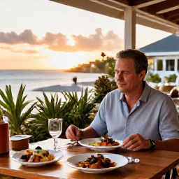 Caribbean Holidays, September Solo Holidays, Solo traveller dining at a friendly open-air restaurant in Grand Case, Saint Martin, with Caribbean and French dishes at sunset