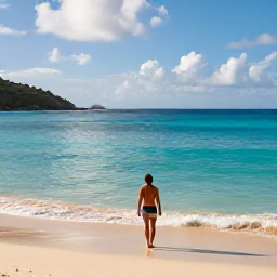 Caribbean Holidays, September Solo Holidays, Solo traveller enjoying a quiet Caribbean beach in the British Virgin Islands in September, clear turquoise water, soft golden light