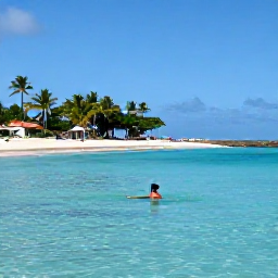 Caribbean Holidays, September Solo Holidays, Solo visitor swimming in clear turquoise water at Orient Bay, Saint Martin, with palm trees and a quiet beach in September