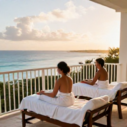 Caribbean Holidays, September Spa Breaks, A couple relaxing on a private balcony at a Turks and Caicos resort after a spa treatment, with ocean views and warm evening light