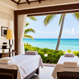 Caribbean Holidays, September Spa Breaks, A peaceful luxury spa setting beside a turquoise sea in Providenciales, Turks and Caicos Islands, with treatment rooms, palm trees and soft morning light
