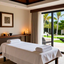 Caribbean Holidays, September Spa Breaks, A tranquil spa treatment room at a Turks and Caicos resort, with natural materials, candles, folded towels and a view towards tropical gardens