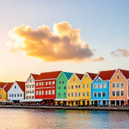Caribbean Holidays, September Spa Breaks, Colourful Willemstad waterfront in Cura&ccedil;ao at sunset, with pastel buildings, calm water and relaxed outdoor dining