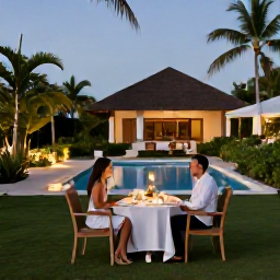 Caribbean Holidays, September Spa Breaks, Couple enjoying a peaceful outdoor dinner at a Cura&ccedil;ao resort, with soft evening lighting and tropical gardens