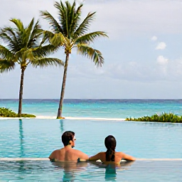 Caribbean Holidays, September Spa Breaks, Couple relaxing beside an infinity pool at a Caribbean resort with palm trees and ocean views