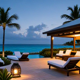 Caribbean Holidays, September Spa Breaks, Elegant Caribbean resort terrace prepared for a relaxing evening with ocean views