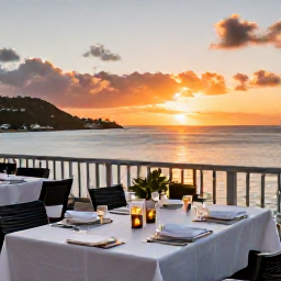 Caribbean Holidays, September Spa Breaks, Elegant sunset dinner terrace in Gustavia, Saint Barth&eacute;lemy, with Caribbean sea views and relaxed holiday atmosphere