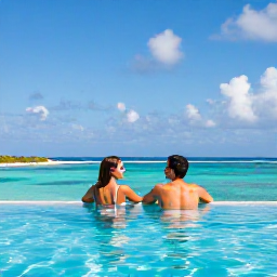 Caribbean Holidays, September Spa Breaks, Happy couple relaxing beside an infinity pool overlooking the Caribbean on a September spa holiday