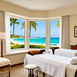 Caribbean Holidays, September Spa Breaks, Luxury Caribbean spa resort with treatment room, palm trees and turquoise sea in Saint Martin