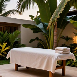 Caribbean Holidays, September Spa Breaks, Open-air spa treatment beside a tropical garden on Saint Barth&eacute;lemy, featuring natural textures, palm leaves and soft afternoon light