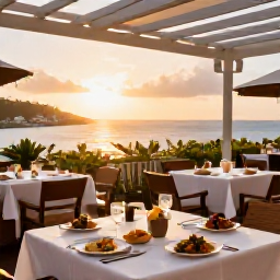 Caribbean Holidays, September Spa Breaks, Outdoor terrace restaurant serving fresh Caribbean food at sunset in Saint Martin and Sint Maarten
