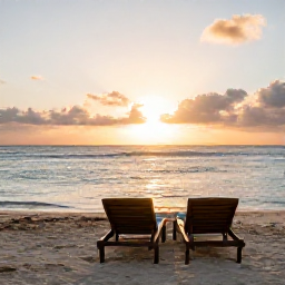 Caribbean Holidays, September Spa Breaks, Peaceful Jamaican beach at sunset with two comfortable loungers, soft golden light and calm waves