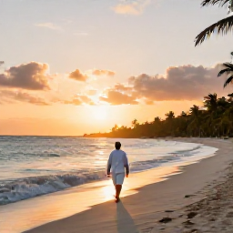 Caribbean Holidays, September Spa Breaks, Quiet Caribbean beach at sunset with spa guest walking along the shoreline