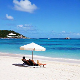 Caribbean Holidays, September Spa Breaks, Quiet sandy beach and turquoise water in Saint Barth&eacute;lemy during September, with a couple relaxing under a sun umbrella