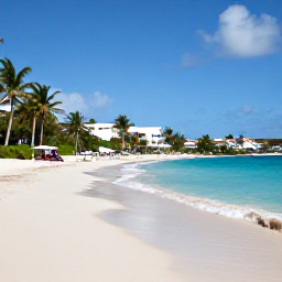 Caribbean Holidays, September Spa Breaks, Quiet sandy Caribbean beach near a spa hotel, with gentle waves and tropical greenery on Saint Martin