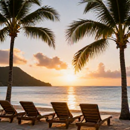 Caribbean Holidays, September Spa Breaks, Sunset over a peaceful Caribbean beach resort in the United States Virgin Islands, with loungers, palms and warm evening light