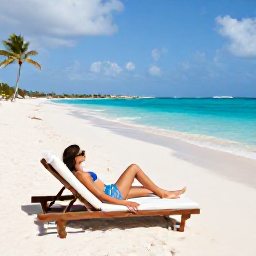 Caribbean Holidays, September Spa Breaks, Woman relaxing on a white sandy beach in Cura&ccedil;ao with turquoise water, sun loungers and palm trees
