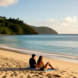 Caribbean Holidays, September St Lucia, A couple relaxing on a quiet golden beach in Saint Lucia during a warm September afternoon, with calm turquoise sea and green hills in the distance