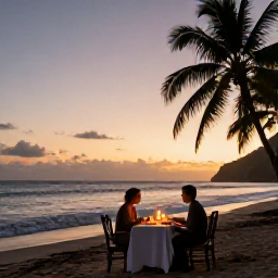 Caribbean Holidays, September St Lucia, A romantic candlelit dinner for two on a Saint Lucia beach at sunset, with gentle waves, palm trees and warm evening light
