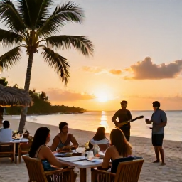 Caribbean Holidays, September Tours, Relaxed Dominican Republic beach resort at sunset with outdoor dining, local music and travellers enjoying a September evening