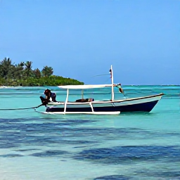 Caribbean Holidays, September Tours, Traditional Dominican fishing boat and snorkellers over clear coral reef water near Punta Cana, bright tropical coastline in September