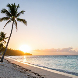 Caribbean Holidays, September Tours, Warm Caribbean beach in the Dominican Republic at sunrise, calm turquoise water, palm trees and a relaxed September holiday atmosphere
