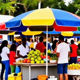 Caribbean Holidays, September Trinidad, Friendly outdoor market in Trinidad with tropical fruit, local food stalls and relaxed visitors under colourful umbrellas
