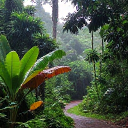 Caribbean Holidays, September Trinidad, Lush rainforest in Trinidad after a light tropical shower, with broad green leaves, a forest trail and soft morning light